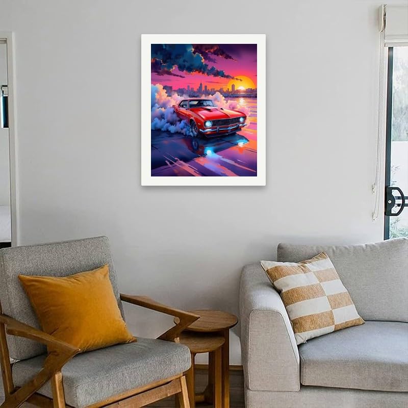 Classic Car Paint by Numbers Kit for Adults - DIY Red Muscle Car at Sunset Painting on Canvas 16x20In, Acrylic Paint Set, Suitable for Beginners, Art for Home Decoration or Gifts DecorFriday