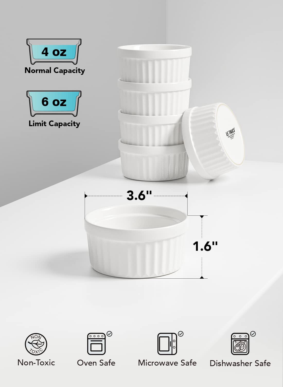 LE TAUCI Ramekins 4 OZ Oven Safe, Creme Brulee Ramekins, Pudding Custard Cups Souffle Ramiken, Dipping Sauce Dishes, Ceramic Ramekin Bowls Set of 6, White LE TAUCI