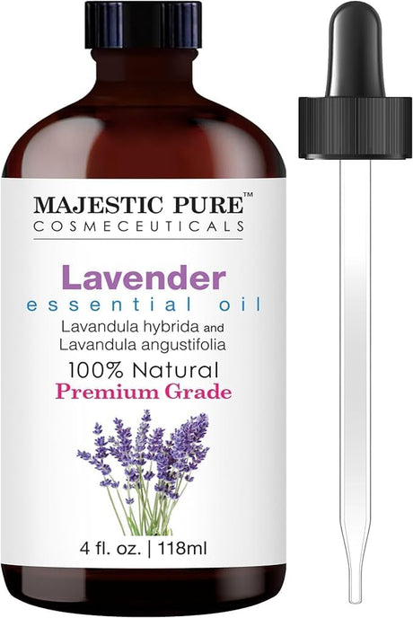 Majestic Pure Lavender Essential Oil with Glass Dropper | 100% Pure and Natural Lavender Oil | Premium Grade Essential Oils for Diffusers, Skin, Aromatherapy, Massage | 4 Fl Oz Majestic Pure
