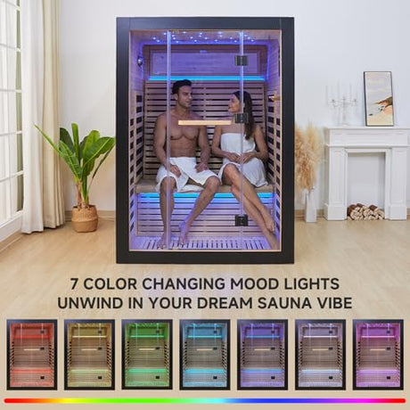 RIGO 2 Person Infrared Sauna for Home - Canadian Hemlock Luxury Spa with Exclusive Star Sky Roof & Oxygen Bar, 7 Low EMF Graphene Heaters, Bluetooth RIGO
