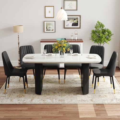 Ebullient White Marble Dining Table Set for 6, 67'' Modern Oval Dining Table and Chairs Set, 7 Piece Kitchen Table Set with 3.5'' Thick Marble-Patterned Top and Matte Black Column Legs Ebullient