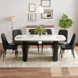 Ebullient White Marble Dining Table Set for 6, 67'' Modern Oval Dining Table and Chairs Set, 7 Piece Kitchen Table Set with 3.5'' Thick Marble-Patterned Top and Matte Black Column Legs Ebullient
