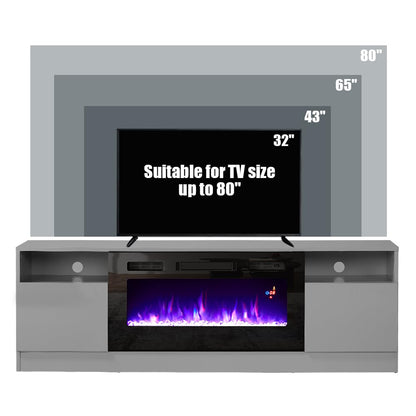 AMERLIFE TV Stand with Fireplace, LED Light Entertainment Center with 36" Electric Fireplace, 70" Modern Wood Entertainment Stand with Highlight Storage Cabinet for TVs up to 80", Grey