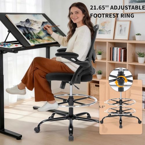 Drafting Chair, Tall Office Chair for Standing Desk, Ergonomic Standing Desk Chair with Flip-up Armrests, Counter Height Office Chair with Footrest and Adjustable Lumbar Support Chair Store
