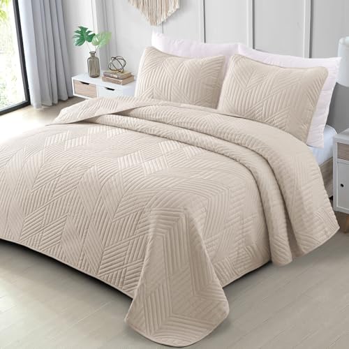 Exclusivo Mezcla Ultrasonic Twin Quilt Bedding Set, Lightweight Brich Beige Bedspreads Soft Modern Geometric Coverlet Set for All Seasons (1 Quilt and 1 Pillow Sham) Exclusivo Mezcla
