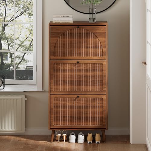 Fsbecl Shoe Storage Cabinet for Entryway with 3 Flip Drawers, Narrow Shoe Organizer with Fluted Panel, Freestanding Wood Hidden Shoe Cabinet for Hallway (Walnut, 23.6''W, Double Layer) Fsbecl