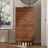 Fsbecl Shoe Storage Cabinet for Entryway with 3 Flip Drawers, Narrow Shoe Organizer with Fluted Panel, Freestanding Wood Hidden Shoe Cabinet for Hallway (Walnut, 23.6''W, Double Layer) Fsbecl