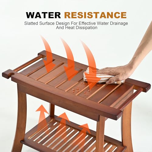 Jekruiet Teak Shower Chair Stool, 24 Inch Shower Bench Seat, Wooden Bathroom Bench with Storage Shelf for Adults, Elderly, Disabled Indoor & Outdoor Use Jekruiet