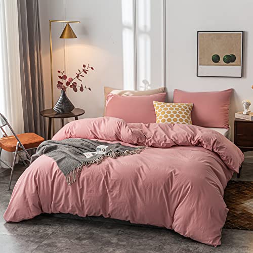Janlive Washed Cotton Duvet Cover Twin Ultra Soft 100% Cotton Solid Color Rose Duvet Cover Set with Zipper Closure -2 Pieces Pink Bean Paste Twin Janlive