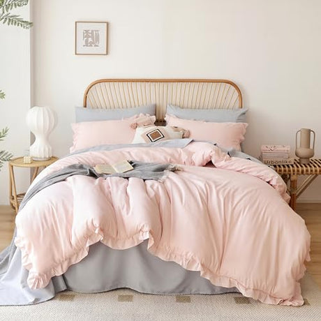 JANZAA Full Size Comforter Pink Comforter Set 3PCS 1 Ruffled Comforter Set and 2 Pillow Cases Blush Pink Bed Set Vintage Farmhouse Shabby Chic Bedding Soft All Season JANZAA