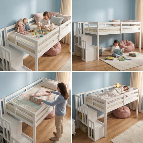 MoproBeti Low Loft Bed with Stairs, Wood Twin Size Kids Loft Bed with Guard Rails,Junior Low Loft Beds with Under-Bed Storage for Small Room/Low Ceiling Bedroom,White MoproBeti
