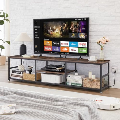 VECELO TV Stand with Power Outlets for Televisions up to 80 Inch,70" Media Entertainment Center with Charging Station 3-Tier Open Storage Shelves with Metal Frame for Living Room/Bedroom，Brown