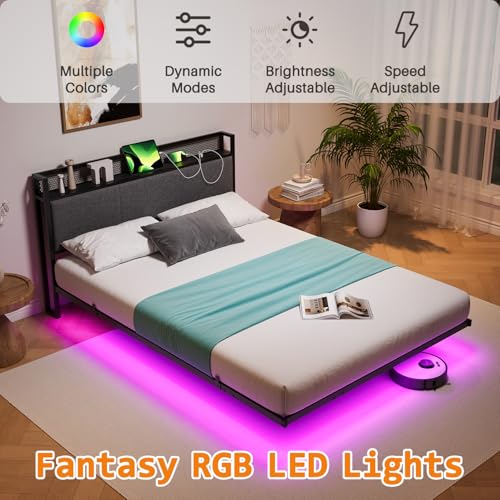 HOMERECOMMEND Full Size Bed Frame with LED Lights and Headboard Storage and Charging Station,Full Floating Bed Frame with Heavy Duty Metal Slats,Easy Assembly, Black and Gray HOMERECOMMEND