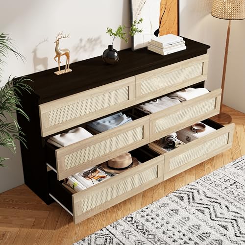 Luoxiao Modern Black Rattan 6 Drawer Dresser for Bedroom and Storage Luoxiao