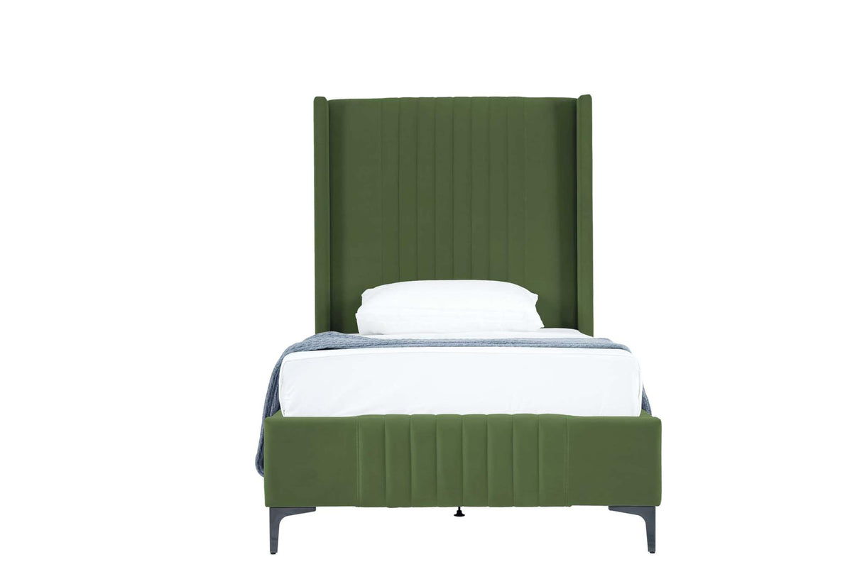 Manhattan Comfort Promenade Mid-Century Modern Velvet Upholstered Twin-Size Bed Frame - Luxurious Foam Padding, No Box Spring Needed, Stylish Vertical Stitched Headboard, Moss Green Manhattan Comfort
