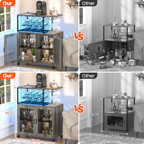 Girapow Small Bar Cart with Wheels, Liquor Cabinet with LED Light, Wine Bar Cabinet with Power Outlets, Home Mini Bar with Wine Rack, Glasses Storage for Kitchen, Dining Room, Living Room, Grey Girapow