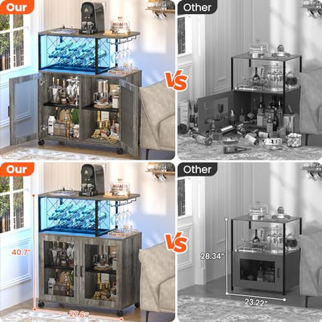 Girapow Small Bar Cart with Wheels, Liquor Cabinet with LED Light, Wine Bar Cabinet with Power Outlets, Home Mini Bar with Wine Rack, Glasses Storage for Kitchen, Dining Room, Living Room, Grey Girapow