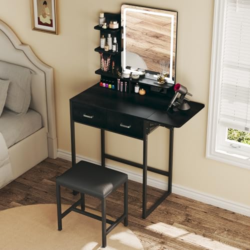 ALEXNUTRE Makeup Vanity Desk with Mirror and Lights, Small Vanity with Fabric Storage Drawer & Chair & Shelves, Vanity with Fold-up Panel and Power Outlet for Bedroom ALEXNUTRE