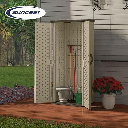 Suncast 22 Cubic Feet Capacity Tall Plastic Vertical Outdoor Shed for Garden, Backyard, Patio, or Pool Supplies Storage, Brown Suncast