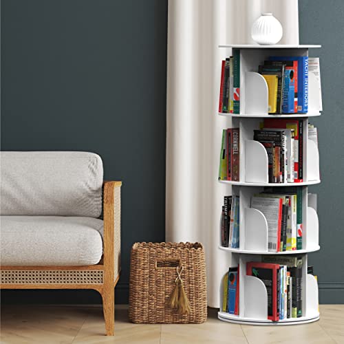 Rotating 4-Tier Bookshelf Display Tower - Space-Saving White Wood Bookcase for Kids and Adults - WoodArtSupply