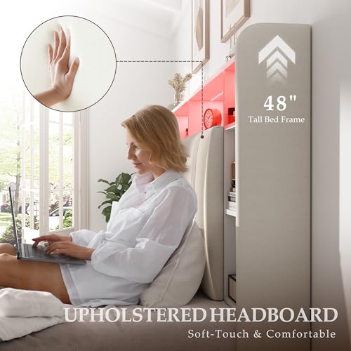 EnHomee King Size Bed Frame with 4 Storage Drawers, Upholstered Platform King Bed Frame with Headboard & LED Lights & Charging Station, Noise Free, No Box Spring Needed, Beige EnHomee