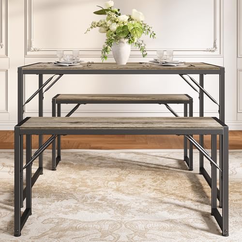 Bealife Dining Table Set for 4 with Metal Frame and MDF Board, Space Saving Kitchen Table with 2 Benches, Kitchen Table Set for Apartment, Dining Room, Breakfast Nook, Grey Bealife