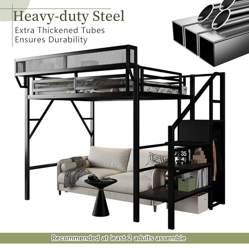 Mirightone Twin XL Size Loft Bed with Stairs and Storage, Metal Loft Bed Frame with A Shelf and Large Under-Bed Space, Heavy-Duty Loft Beds for Kids Boys Girls Teens, Black Mirightone
