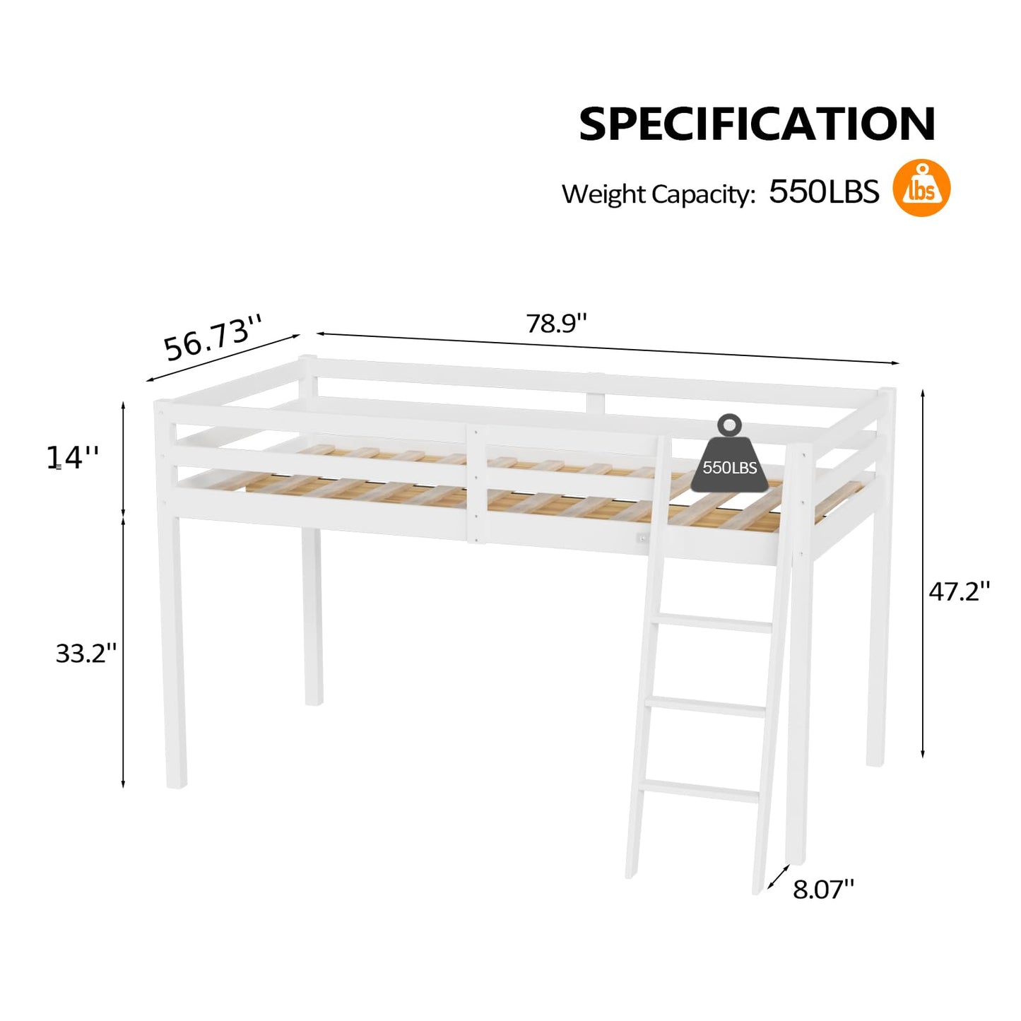 VINGLI White Low Loft Bed with Stairs for Kids and Teens – Full Size, Solid Pine Wood, Space-Saving Design - WoodArtSupply