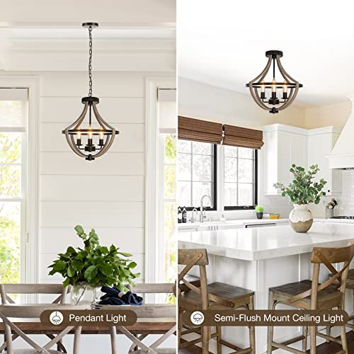 16.5" Farmhouse Light Fixtures Chandelier, 4-Light Rustic Flush Mount Ceiling Light, Modern Faux Wood Light Fixture for Dining Room Kitchen Foyer Hallway Entryway Bedroom Closet Seealle