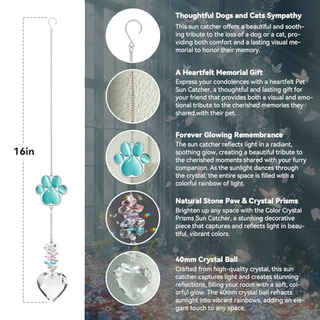 Pet Memorial Suncatcher - Dog Memorial Gifts, Pet Loss Sympathy, Thoughtful Dogs and Cats Bereavement Remembrance Gifts, Natural Cat's Eye Paw Crystal Suncatcher(Peacock Blue) AMETHUARTZ