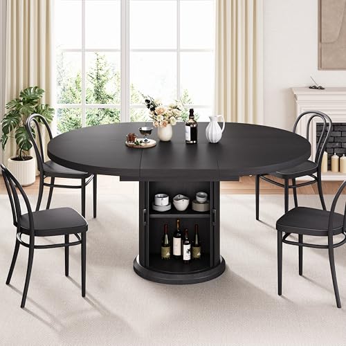 Jocoevol 47″–63″ Extendable Round Dining Table for 4–8 with Dust-Proof 2-Tier Storage Shelf Space Saving Expandable Wood Oval Circle Dinner Furniture with Pedestal Base (Black) Jocoevol
