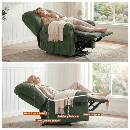 Comfy Recliner Chair for Elderly Seniors Adults, Overstuffed Manual Recliner, Ergonomic Back Pain Relief w/Pockets, Reading Apt Bedroom Living Room, Birthday Gift, Green
