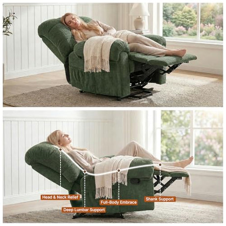 Comfy Recliner Chair for Elderly Seniors Adults, Overstuffed Manual Recliner, Ergonomic Back Pain Relief w/Pockets, Reading Apt Bedroom Living Room, Birthday Gift, Green MONNIYU