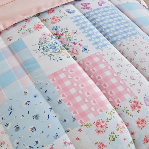 Joyreap 4 Piece Toddler Bedding Set- Pink n Blue Patchwork Design, Microfiber Toddler Bedding Comforter Set for Girls Joyreap