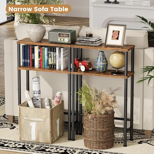 Asgolion Narrow Console Table, 15.7" Small Entryway Table, 2-Tier Sofa Table with Storage, Skinny Console Tables for Entryway, Hallway, Bedroom, Living Room, Foyer, Rustic Brown Asgolion