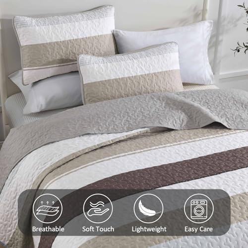 Dinjoy Boho Quilt Set Full Size,3 Pieces Grey Striped Bedspreads,Soft Microfiber Quilted Quilts Bedding Set with 2 Pillow Shams Lightweight Coverlet 78"x90" for Summer Fall Bed Dinjoy