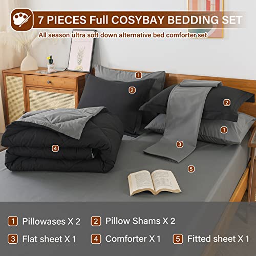 Cosybay Bed in a Bag Full Reversible Comforter Sets 7pcs All Season Down Alternative Bedding Sets Black and Grey with Comforter, Pillow Shams, Flat Sheet, Fitted Sheet and Pillowcase Cosybay