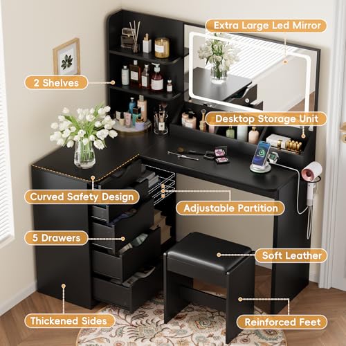 YESHOMY Vanity Desk with Lights and Mirror, L Shaped Makeup Table, Dresser with Hairdryer Holder and Power Outlet, Adjustable 3 Lighting Modes, 5 Drawers and Adjustabled Open Storage Shelves, Black YESHOMY