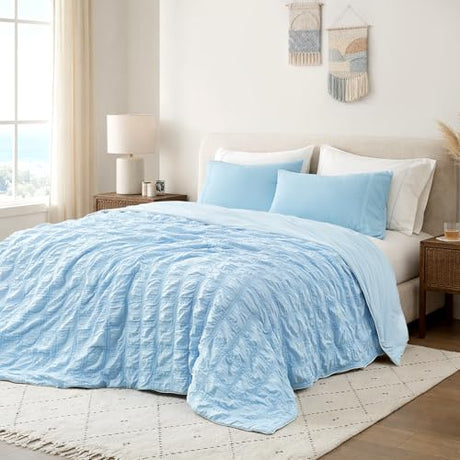 Cozy Bliss Cooling Comforter Seersucker Plaid King Size, Q-Max 0.45 Lightweight Cooling Blanket, Breathable Silk Smooth Summer Bedding Quilt for Hot Sleepers Night Sweats Blue Cozy Bliss