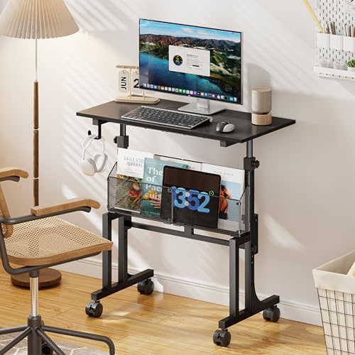 Height Adjustable Standing Desk With Storage, Small Stand Up Desk With wheels, Portable Rolling Desk for Home Office, Mobile Sit Stand Desk for Small Spaces, For Walking Pad Treadmill, Black Huxitocan