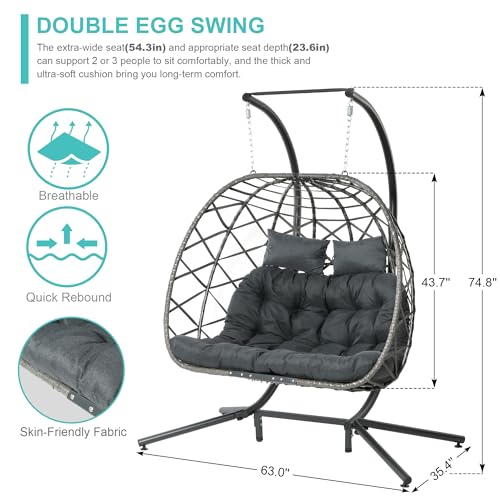 SWITTE Double Egg Swing Chair with Stand, 2 Person Outdoor Indoor Hammock Hanging Chair with Cushion for Patio Living Room 550 LBS Capacity-Dark Grey - WoodArtSupply