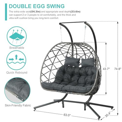 SWITTE Double Egg Swing Chair with Stand, 2 Person Outdoor Indoor Hammock Hanging Chair with Cushion for Patio Living Room 550 LBS Capacity-Dark Grey - WoodArtSupply