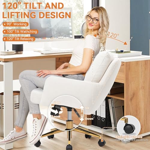 BALIAA Flannel Office Chair, Comfy Home Office Desk Chairs with Lumbar Support, Modern Velvet Desk Chair Gold Legs Small Swivel Task Chair for Home Office, Bedroom, Study (Beige, L) BALIAA