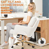 BALIAA Flannel Office Chair, Comfy Home Office Desk Chairs with Lumbar Support, Modern Velvet Desk Chair Gold Legs Small Swivel Task Chair for Home Office, Bedroom, Study (Beige, L) BALIAA
