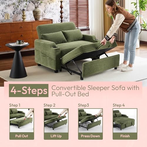 VINGLI Green Futon Sofa Bed Convertible Loveseat Sleeper Sofa Couch, Corduroy Pullout Sofa Fold Out Couch Bed with USB Ports, Cup Holders, Armrest for Living Room, Bedroom Apartment Room VINGLI