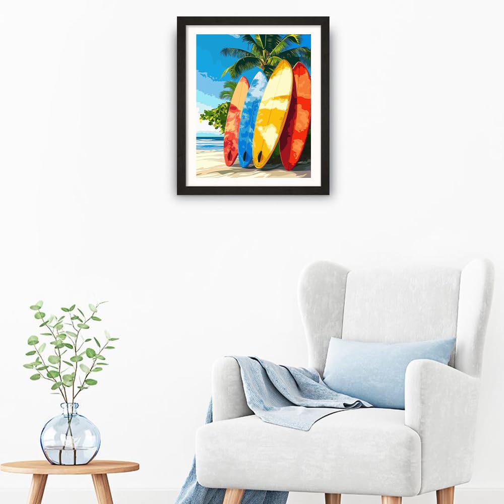 Natuyalo Paint by Numbers Kit for Adults - Colorful Surfboard DIY Acrylic Adult Paint by Number Kits Beach Scenery Canvas Painting for Adults Beginners Art Crafts Without Frame, 16x20 Inch Natuyalo