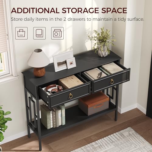 MAHANCRIS Console Table with 2 Drawers, Entryway Table with Storage Shelf, Entrance Accent Tables, 2-Tier Narrow Hallway Table, Behind Couch Table, for Entryway, Living Room, Hallway, Black CTBK6101 MAHANCRIS