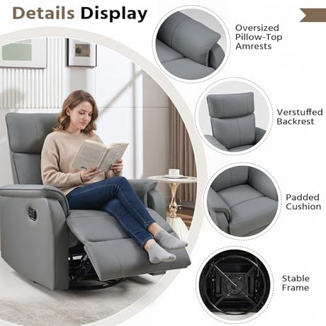 HAOMARKETS Swivel Rocker Recliner Chair, Manual Faux Leather Glider Rocking Recliners for Adults, 360° Swivel Nursery Reclining Sofa with Padded Backrest for Living Room, Grey HAOMARKETS
