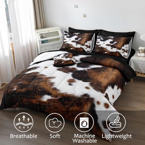 Bedbay Cow Print Comforter Set King Size Animal Skin Bedding 8 Pcs King Bed in a Bag Western Cowhide Rustic Bedding Brown Milk Cow Print Bed Set for All Seasons(Brown,King) Bedbay
