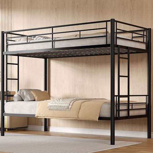 VECELO Bunk Bed Twin Over Twin, Metal Bunkbeds with Ladder and Full-Length Guardrail, No Box Spring Needed, Space Saving, Noise Free, Black VECELO